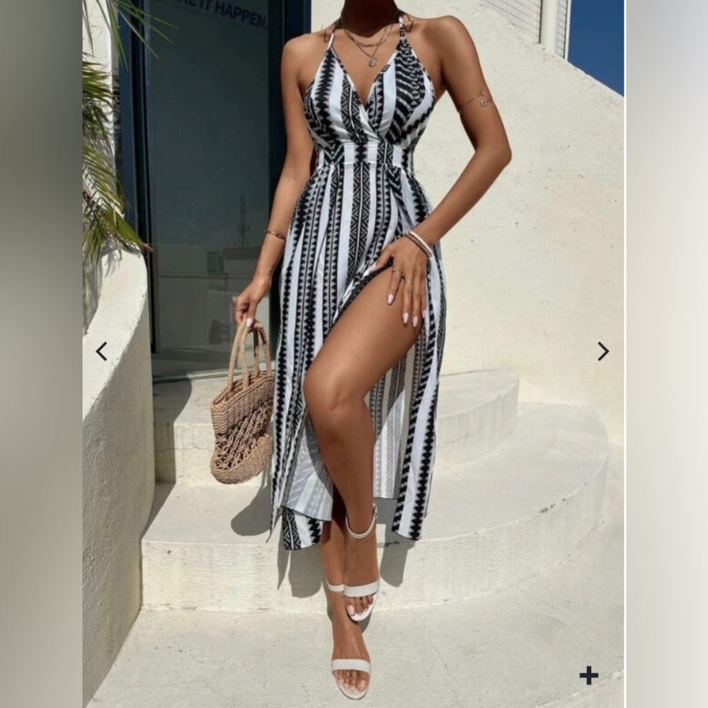 Tie backless Geo print split thigh cami dress - 6(M)